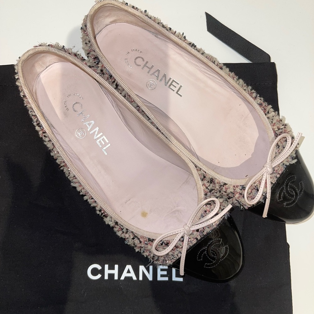 Chanel lurex tweed ballerina with a black patent leather toe. RARE